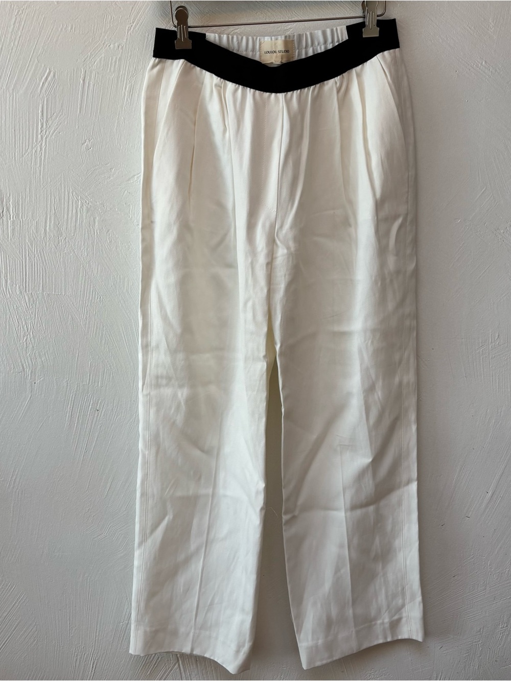 Loulou Studio White Straight-Leg Pants with Black Waistband